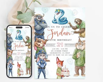 Zootopia Birthday Invitation Template | Judy Hopps and Nick Wilde Invite Editable Canva Template | Animal Party Invite Digital Download 5x7