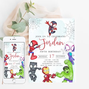Invitación de Spidey Spidey y sus increíbles amigos Invitación a la fiesta de cumpleaños de Iron Man y Hulk Invitación de cumpleaños de Spidey Plantilla editable web instantánea