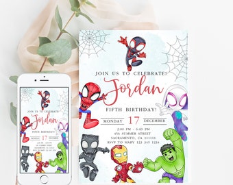 Spidey Invitation Spidey and his Amazing Friends Iron man, Hulk Birthday Party Invite Spidey Birthday Invite Web Editable Template Instant