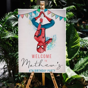 Panneau de bienvenue Spider man Invitation fête d'anniversaire Invitation Web modèle modifiable Téléchargement instantané numérique