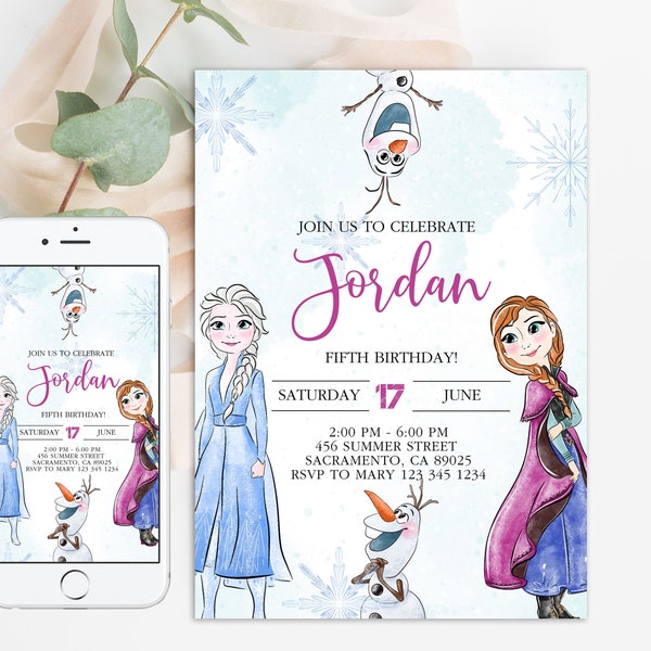 FROZEN Einladung Elsa Geburtstags-Einladung Winter-Schnee-Geburtstag Printable, bearbeitete Instant Download-Vorlage Gefrorene einladen