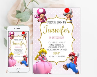 Super Mario and Princess Peach Birthday pink Invitation | Digital Invite, mario bros invitation