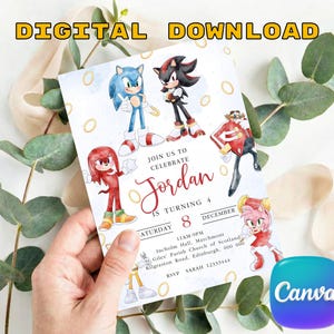 May include: A rectangular party invitation featuring watercolour illustrations of Sonic, Shadow, Knuckles, Dr. Eggman, and Amy Rose. The text reads: JOIN US TO CELEBRATE Jordan IS TURNING 4 SATURDAY 8 DECEMBER 11AM-9PM Incholm Hall, Marchmont St. Giles' Parish Church of Scotland.