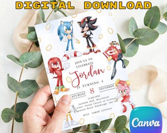 Sonic Birthday Invitation, Watercolor Sonic Shadow Knuckles Party Invite, Tails Amy Rose Dr Eggman Theme