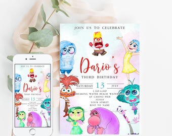 Inside out 2 birthday invitation Inside out & Inside out Phone Invitation Customizable Canva Template
