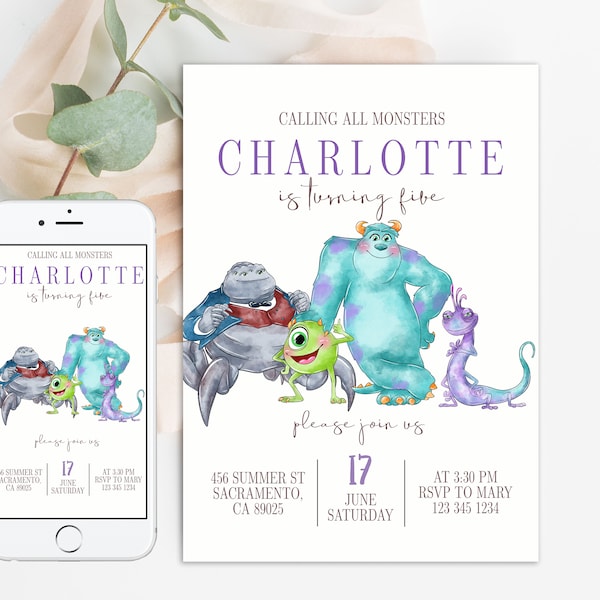 Monsters Kid  Birthday Invitation template, Boy Monsters Birthday Invite, Girl Monsters Birthday, Summer