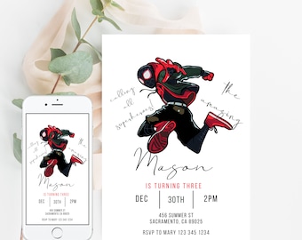 May include: A printable invitation for a child's birthday party. The invitation features a cartoon image of Spider-Man in a red and black suit, with the text "calling all superheroes!" and "the amazing Mason is turning three". The invitation includes the date, time, and location of the party.