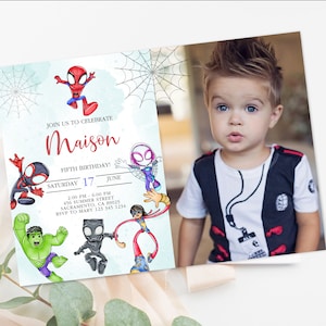 Convite com foto do Aranha e seus amigos incríveis Convite para festa de aniversário do Aranha Convite de aniversário da Web Modelo editável Download instantâneo Canva