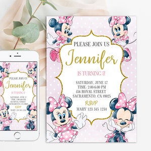 Modèle modifiable d'invitation d'anniversaire Minnie Mouse pour fille, téléchargement instantané personnalisé, numérique ou imprimé