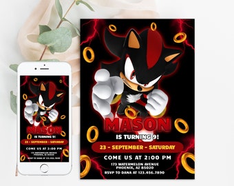 Sonic Shadow Birthday Digital Invitation, Kids Party E-invite, Thunder, Super Hedgehog Birthday Invites Cards for Boys