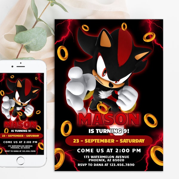 Sonic Shadow Birthday Digital Invitation, Kids Party E-invite, Thunder, Super Hedgehog Birthday Invites Cards for Boys