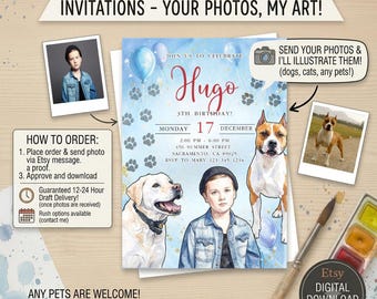 Custom Watercolor Birthday Invitation with Pet Portrait & Child Photo, Personalized Kids Party Invite, Dog Cat Portrait Invitation Digital