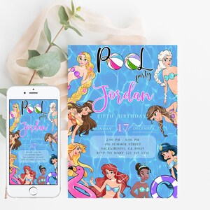 Fiesta en la piscina princesa invitación de cumpleaños chica plantilla editable descarga instantánea personalizada digital o impresa