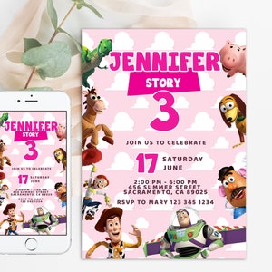 Toy Story Girl-uitnodiging, Toy Story-verjaardagsuitnodiging, Toy Story geanimeerde uitnodiging, Toy Story Card-uitnodiging, Toy Story 4 roze