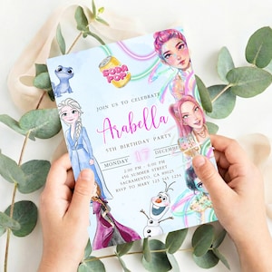 May include: A light blue birthday party invitation featuring illustrations of animated characters and the text "Join us to celebrate Arabella 5th Birthday Party". The invitation includes the date, time, and location.