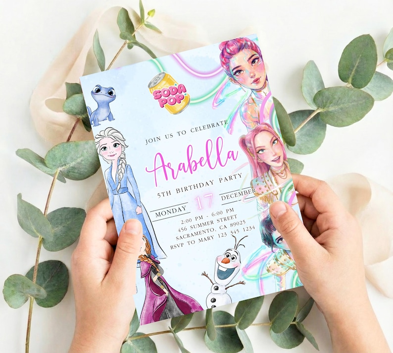 May include: A light blue birthday party invitation featuring illustrations of animated characters and the text "Join us to celebrate Arabella 5th Birthday Party". The invitation includes the date, time, and location.