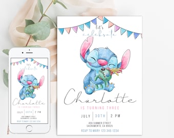 Può includere: Un invito di compleanno con un personaggio dei cartoni animati blu che tiene in mano una bambola verde, con il testo "Let's celebrate" e "Charlotte is turning three." L'invito include data, ora e informazioni RSVP.