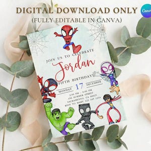May include: A rectangular birthday invitation card featuring cartoon superhero illustrations including Spider-Man, Hulk, and Black Panther. The text reads: JOIN US TO CELEBRATE Jordan FIFTH BIRTHDAY MONDAY 17 DECEMBER 2:00 PM - 6:00 PM 456 SUMMER STREET SACRAMENTO, CA 89025 RSVP TO MARY 123 345 1234.