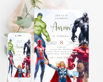 Avengers Party Superhelden Geburtstagseinladung Vorlage bearbeitbar Geburtstagsparty-Einladung Kinder-Party einladen Vorlage Bday Card