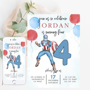 Könnte beinhalten: Eine Geburtstagseinladung mit Captain America, blauen und roten Luftballons. Der Text lautet "Feiern Sie mit uns JORDAN wird vier". Die Einladung enthält Datum, Uhrzeit und RSVP-Informationen. Ein Smartphone zeigt das gleiche Design.