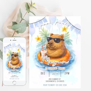 Capybara Birthday Invitation, cute pool party Capy Birthday, preppy smile Teen Party, Animals Kid&#39;s Birthday girl Theme, Summer