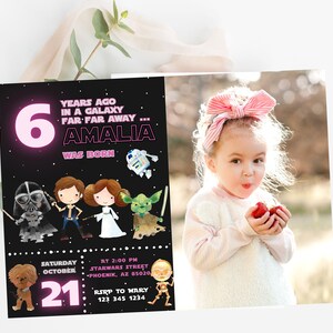 Star Wars Photo Girl Pink Birthday Invitation, Star Wars Party, Star Wars Birthday, Self editable Star Wars Invitation, Canva