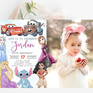 Invitation d'anniversaire Raiponce, Moana, Stitch, Lightening McQueen et Mater Anniversaire imprimable, modifiable instantanément