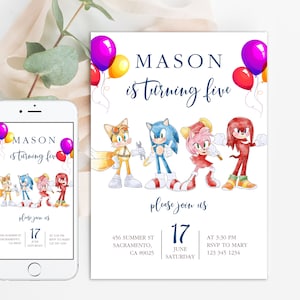 Faire-part d'anniversaire numérique modifiable, invitation électronique à une fête d'enfants, tonnerre, cartes d'invitation d'anniversaire super hérisson pour garçons