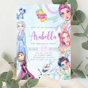 May include: A birthday party invitation with watercolor illustrations of cartoon characters and the text "Arabella 5th Birthday Party." The invitation includes the date, time, and location.