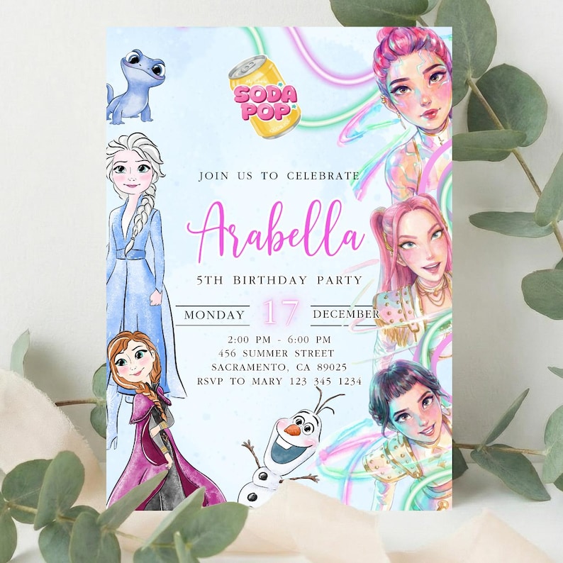 May include: A birthday party invitation with watercolor illustrations of cartoon characters and the text "Arabella 5th Birthday Party." The invitation includes the date, time, and location.