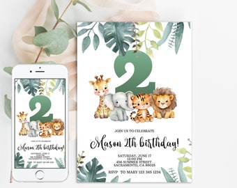 May include: A green and white jungle-themed birthday invitation featuring a large green number "2" and a giraffe, elephant, tiger, and lion. The text reads "Join us to celebrate Mason's 2nd birthday!" with the date, time, and location.