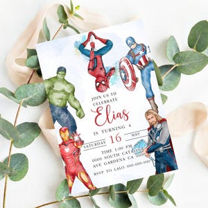 May include: A rectangular birthday invitation card featuring watercolor illustrations of Hulk, Spider-Man, Captain America, Iron Man, and Thor. The text reads: JOIN US TO CELEBRATE Elias IS TURNING 4 SATURDAY 16 MAY TIME 1:00 PM 0000 SOUTH CATALINA AVE GARDENA CA 0000 RSVP TO LALO 000-000-000.