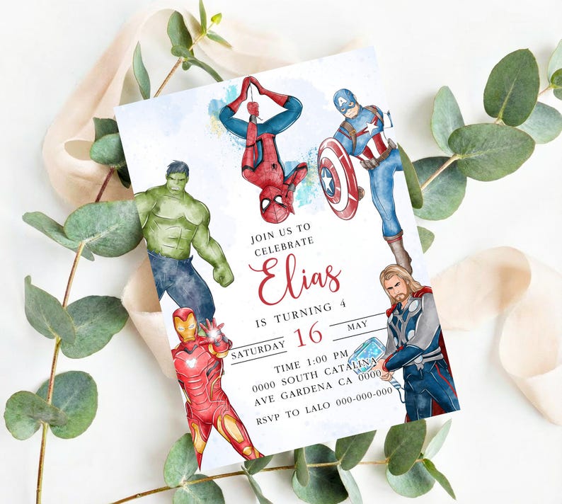 May include: A rectangular birthday invitation card featuring watercolor illustrations of Hulk, Spider-Man, Captain America, Iron Man, and Thor. The text reads: JOIN US TO CELEBRATE Elias IS TURNING 4 SATURDAY 16 MAY TIME 1:00 PM 0000 SOUTH CATALINA AVE GARDENA CA 0000 RSVP TO LALO 000-000-000.