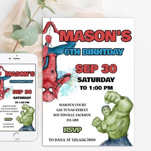 Spinnenmann-Einladung Geburtstagsfeier einladen Hulk-Geburtstag einladen Web bearbeitbare Vorlage Sofortiger Download Digital