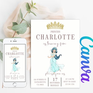 Prinzessin Jasmine Geburtstagseinladung Mädchen bearbeitbare Vorlage benutzerdefinierte Sofort Download Digital oder gedruckt