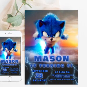 Sonic Birthday Digital Invitation, Kids Party E-invite, Thunder, Super Hedgehog Birthday Invites Cards for Boys