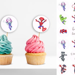 Cupcake Toppers Spidey e seus incríveis amigos Festa de aniversário Sobremesa Spidey Aniversário Modelo editável Download instantâneo digital