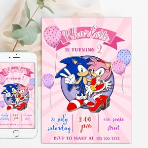 Sonic en Amy Rose Pink digitale verjaardagsuitnodiging, kinderfeestje e-invite, Thunder, Super Hedgehog verjaardagsuitnodiging kaarten voor meisjes