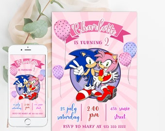 May include: A pink and blue birthday invitation featuring Sonic the Hedgehog and Amy Rose characters. The invitation says "Charlotte is turning 2" and includes the date, time, and address for the party. RSVP information is also included.