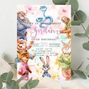May include: A custom birthday invitation featuring cartoon animal characters. The invitation includes the text "JOIN US TO CELEBRATE Jordan FIFTH BIRTHDAY!" with event details. The design incorporates pink, gold, and blue colors, with decorative elements.