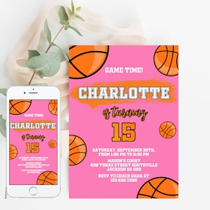 Basketball Birthday Girl Invitation Template Printable, Basketball Birthday Invitation Editable Pink