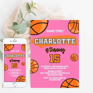 May include: A pink basketball birthday invitation with a basketball theme. The invitation has a basketball graphic and the text 