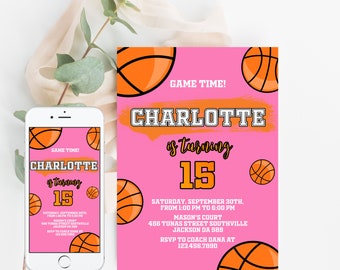 Basketball Birthday Girl Invitation Template Printable, Basketball Birthday Invitation Editable Pink
