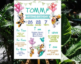 Plantilla de póster de hito del primer cumpleaños de Mickey Mouse, tablero editable, decoraciones para fiestas, letrero de pizarra imprimible, Corjl digital o impreso