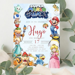 May include: A Super Mario Galaxy themed birthday invitation featuring various characters from the game. The invitation includes the name "Hugo", date, time, and location details. The design is colorful with a watercolor effect.