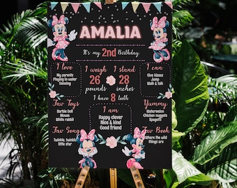 Plantilla de póster de hito del primer cumpleaños de Minnie Mouse, tablero editable, decoraciones para fiestas, letrero de pizarra imprimible, Corjl digital o impreso