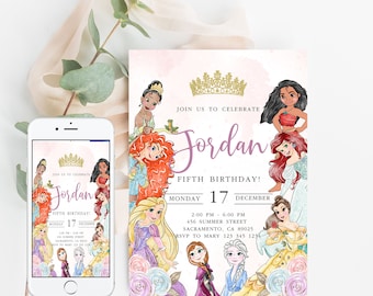 Little  Princess Tangled, Tiana, Moana, Belle, Merida  Birthday Invitation Girl Editable Template Custom Instant