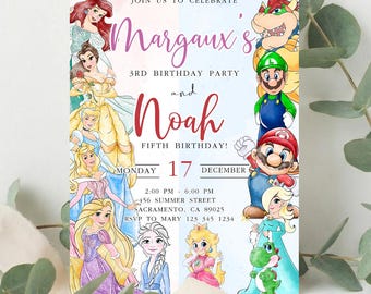 Princess and Mario birthday couples Invitation Girl and Boy Editable Template Custom Instant Download Digital or Printed
