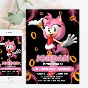 Faire-part numérique d'anniversaire Sonic Amy Rose, invitation électronique à une fête d'enfants, tonnerre, invitations d'anniversaire super hérisson, cartes pour fille