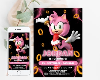 Sonic Amy Rose Birthday Digital Invitation, Kids Party E-invite, Thunder, Super Hedgehog Birthday Invites Cards for Girl